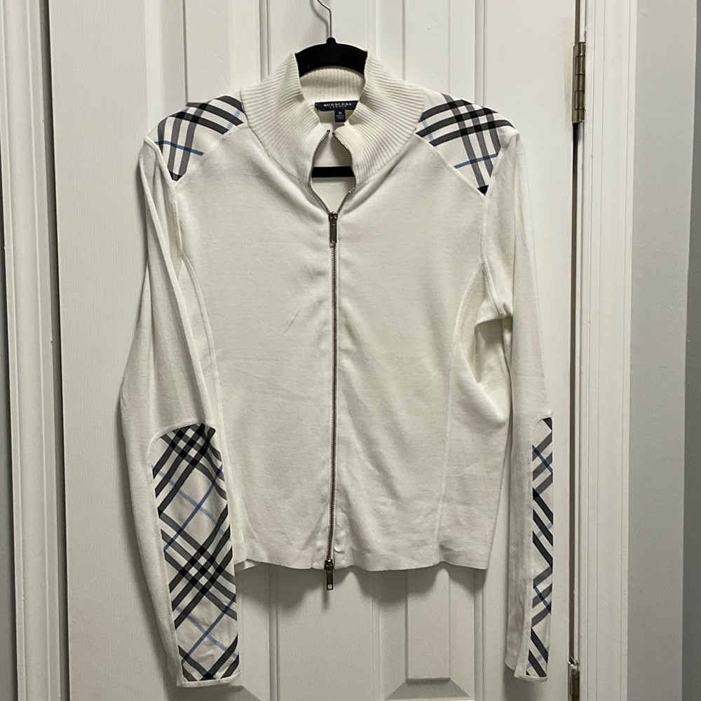 Burberry Check Trim Cotton Zip Front Sweater